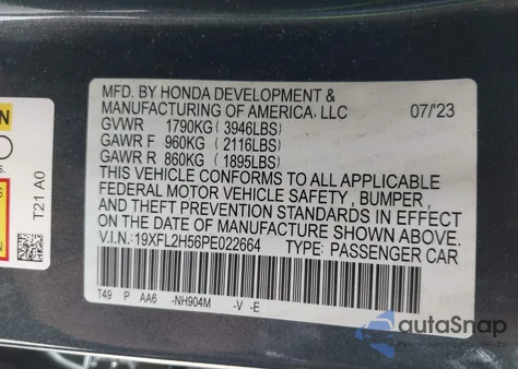 2023 Honda Civic Lx из США, поврежденный, VIN 19XFL2H56PE022664